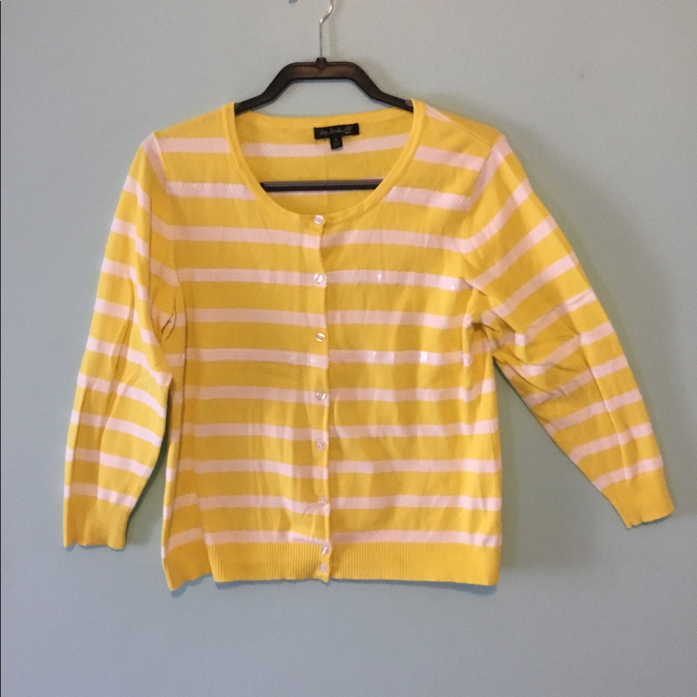 Top Knits Yellow Sequin Striped Cardigan Sweater